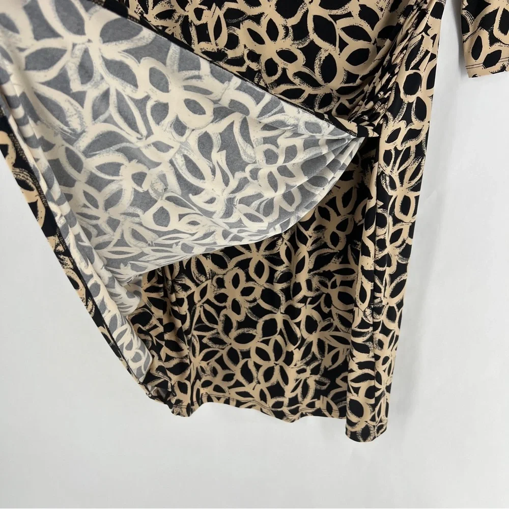 Ralph Lauren Black Tan Floral Stretch Jersey Knit 3/4 Sleeve Faux Wrap Dress 14W